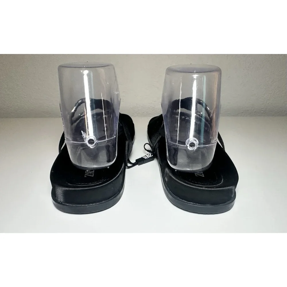 ZARA *NEW* Black‎ Satin Rhinestone Slides Slip On Flat Sandals Women EU 39 US 8 - Picture 4 of 8